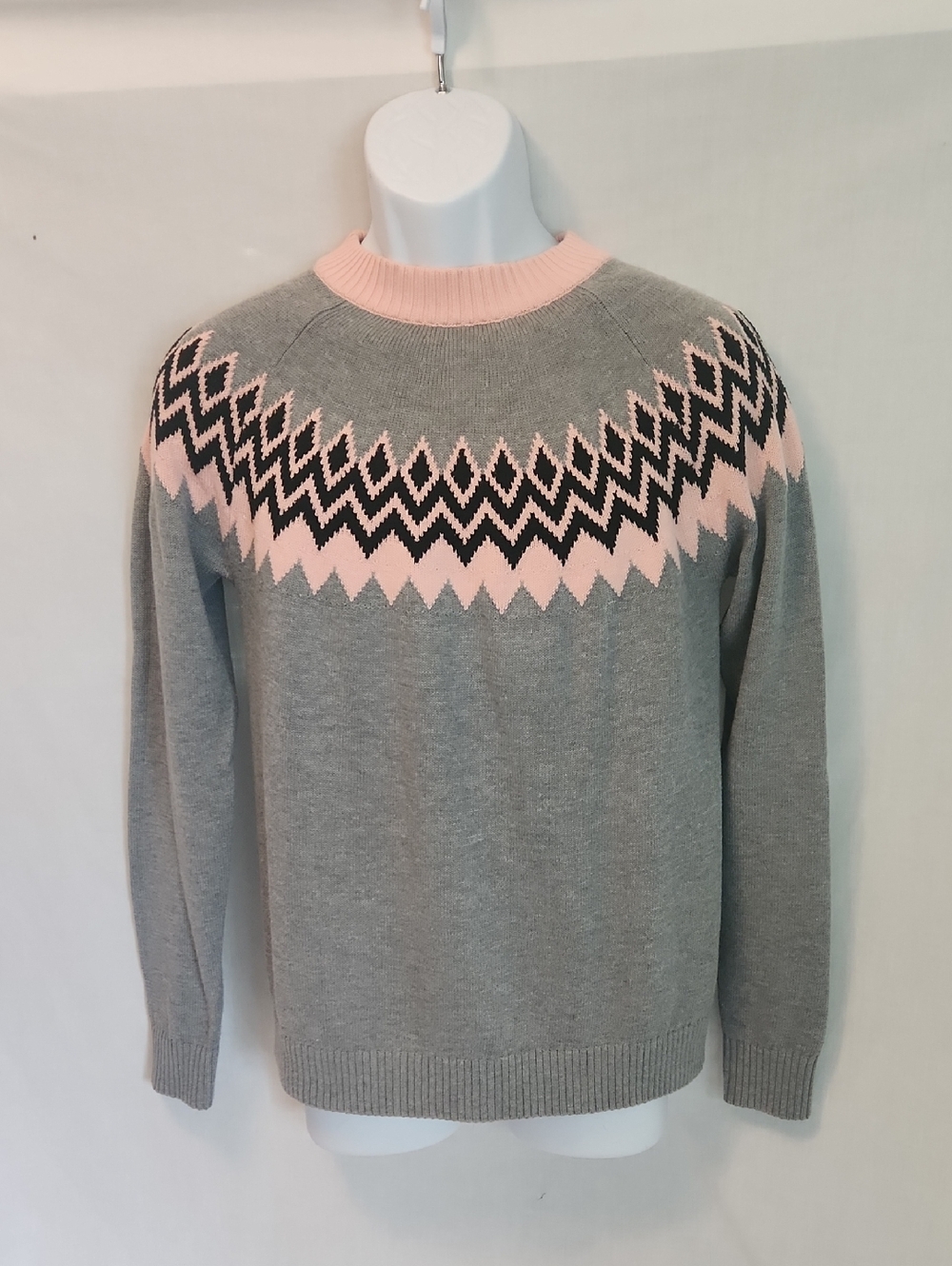 Women's Grey Crewneck Sweater with Pink & Black Fair Isle Yoke